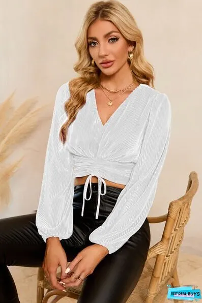 Drawstring V-Neck Balloon Sleeve Blouse