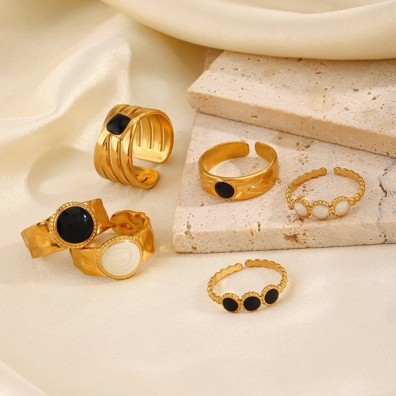 2 Pieces 304 Stainless Steel 18K Gold Plated Vintage Style Enamel Round Open Rings