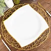 10 Pack | 10" White / Gold Wavy Rim Modern Square Plastic Dinner Plates, Disposable Party Plates