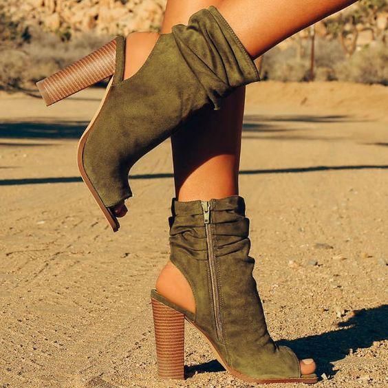 VCSHOES Peep Toe Cut Out Side Zipper High Chunky Heel Ankle Boot Sandals