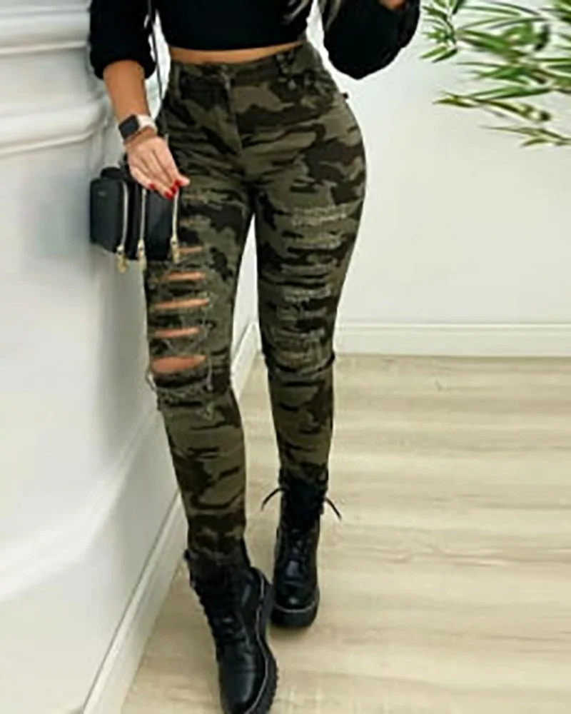 2021 Autumn Fashion Camouflage Print Fringe Hem Cutout Skinny Jeans Womens Hollow Out Long Pants Casual Trousers Loungewear New