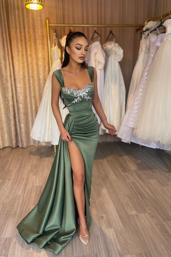 New Arrival Olive Green Straps Mermaid Evening Dress Pleats Ruffles With High Slit - lulusllly