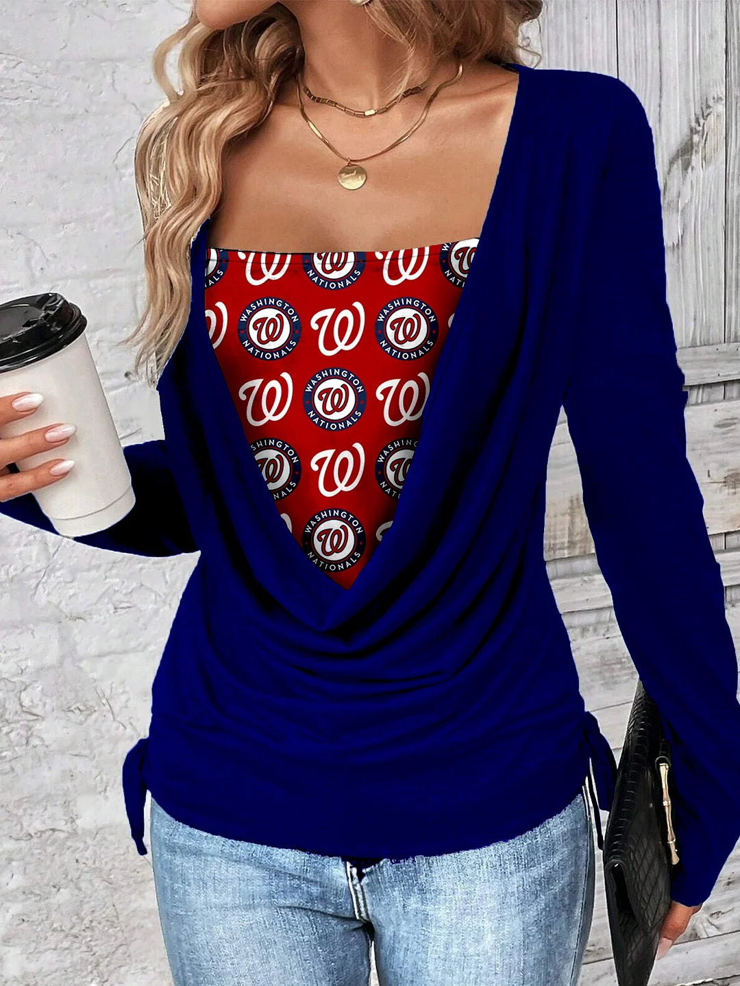 Contrast draped side drawstring T-shirt