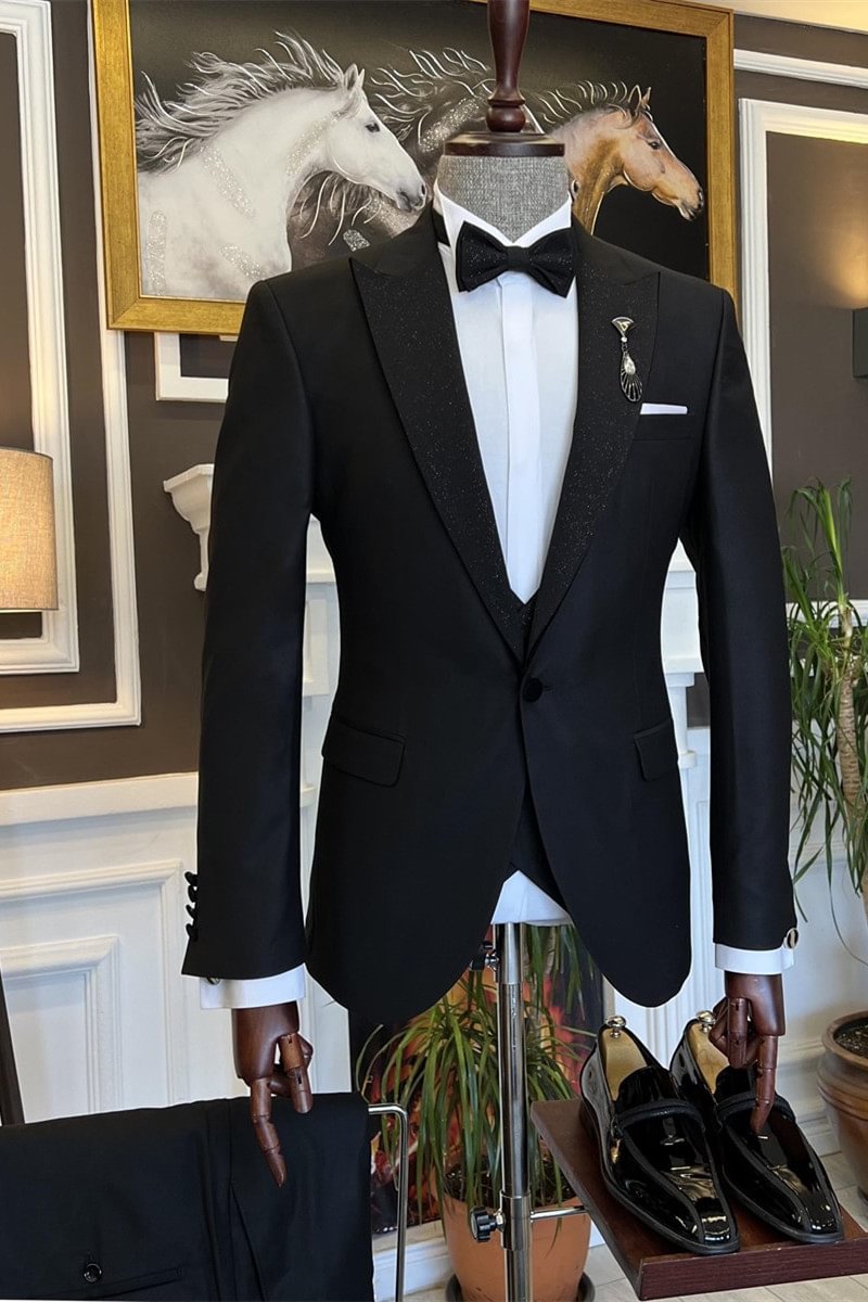 Stylish Peaked Lapel Black Sparkle Three Pieces Wedding Men Suits | Ballbellas Ballbellas