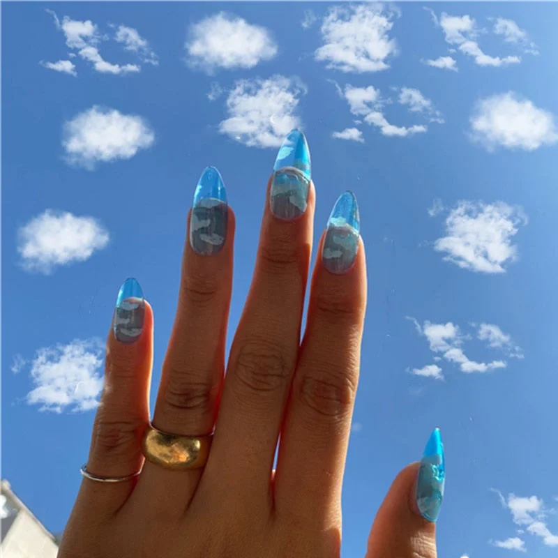 24pcs Long Pointy Head Wearable Manicure fake nails with glue Fashionable Natural Blue Sky White Cloud Water Drop Beautiful nail