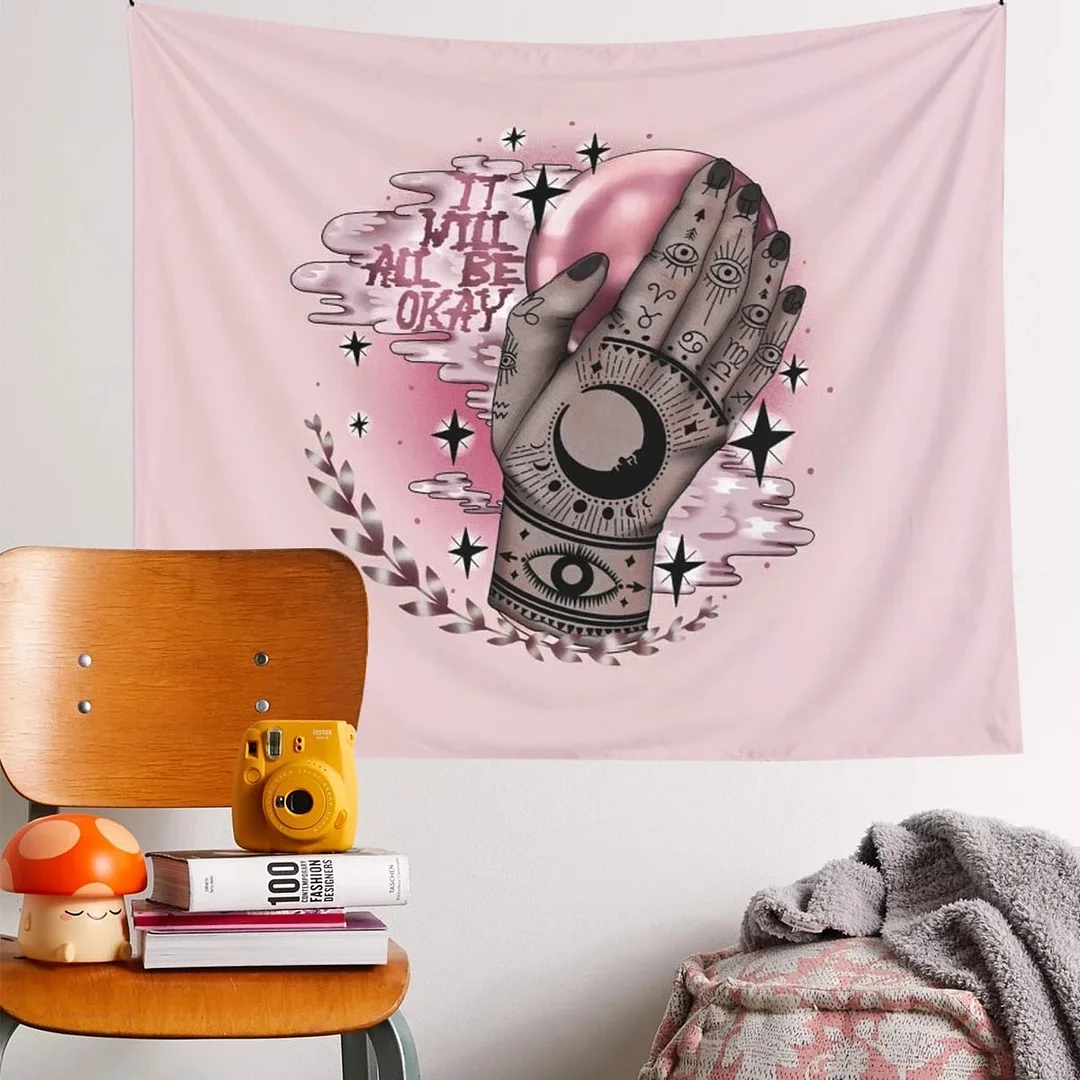 Vintage Tarot Card Pink Tapestry Ouija It Will All Be OK Dorm Room Decoration Pink Boho Home Decor Psychedelic Sun Moon Wall