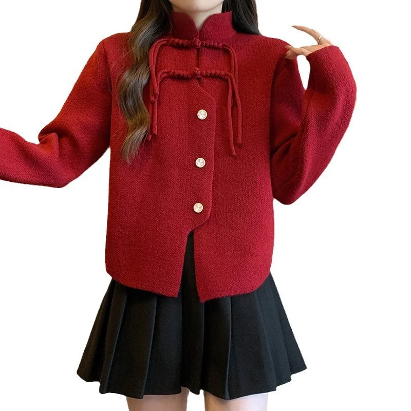 Churchf Churchf Chinese Style National Wind This Year Red Female Sweater Spring 2024 New Festive Plate Button Jacket Pin Button Cardigan