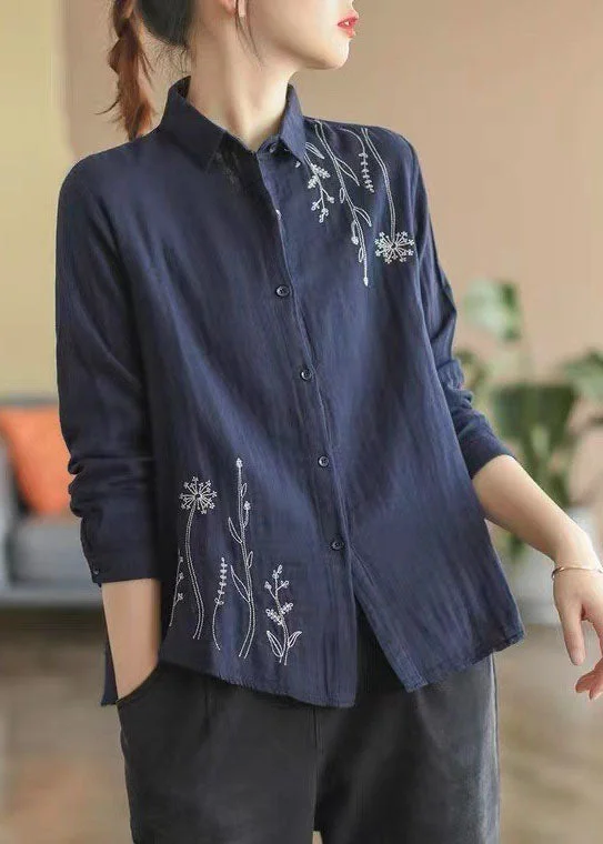 Navy Slim Fit Cotton Shirt Turn-down Collar Embroideried Spring