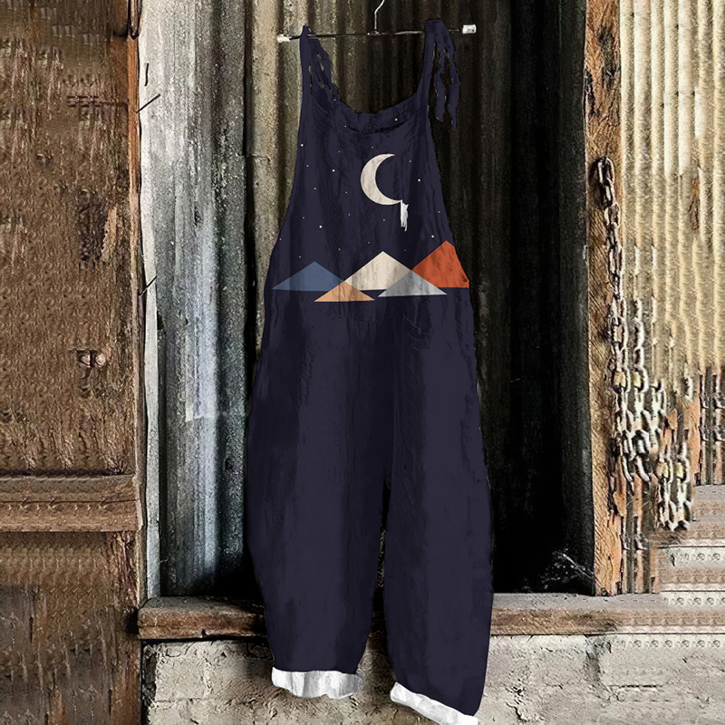 Abstract Creative Cute Cat On The Moon Painting Loose Casual Jumpsuit