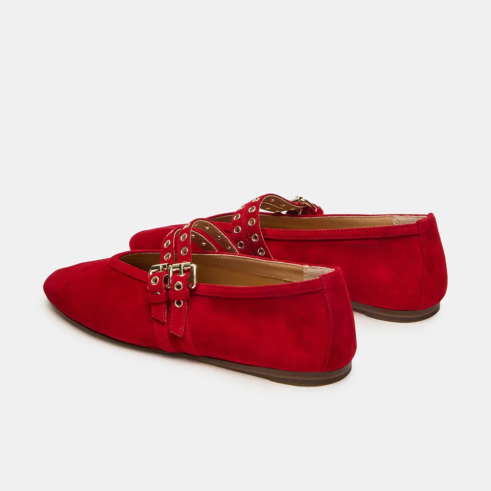 Red Vegan Suede Round Toe Buckle Ballet Mary Jane Flats with Grommet