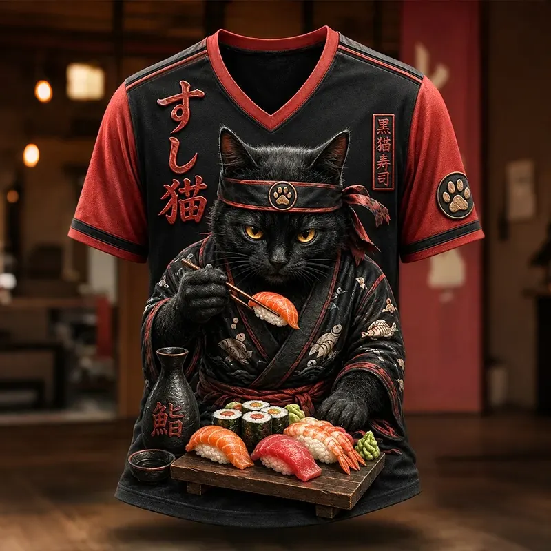 Men's Black Cat Eating Sushi Japanese Art Print T-shirt  artssus