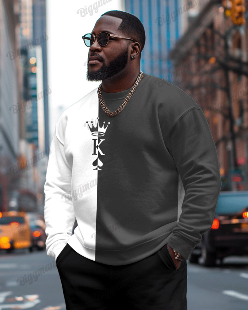 Men's Plus Size Street Fashion Colorblock-K-Print Casual Long Sleeve Sweatshirt