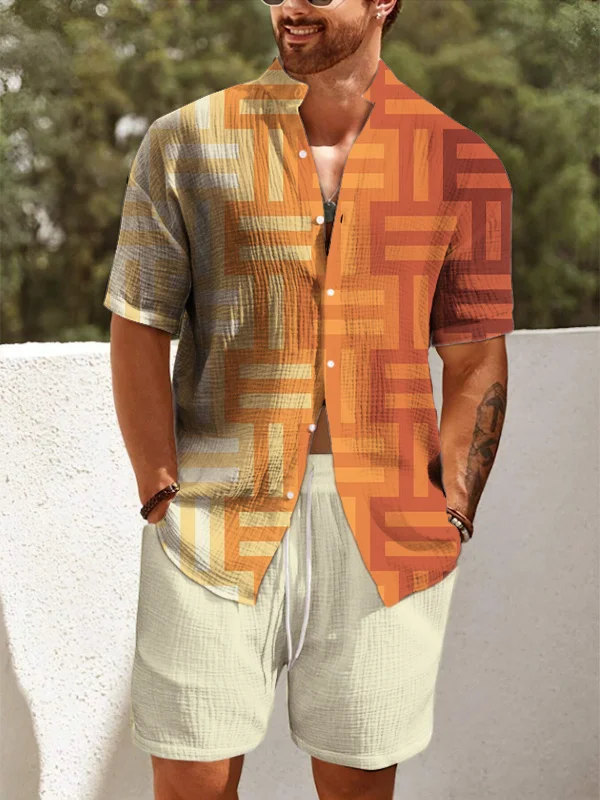 Men's Vacation Gradient Art Geometric Pattern Print Short Sleeve Shirt Set