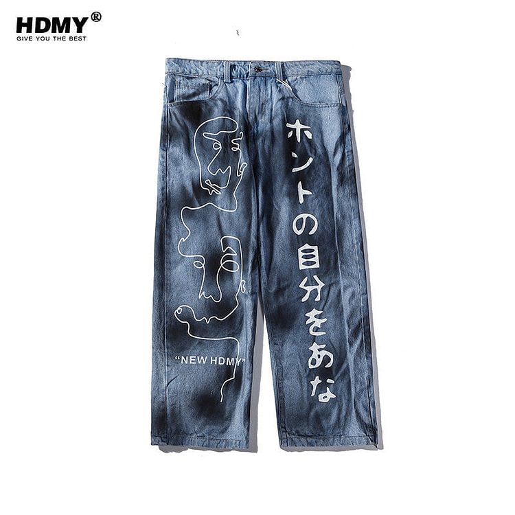Printed Denim Trousers plus Size Retro Sports Trousers Loose Straight Men's Men Denim Pants