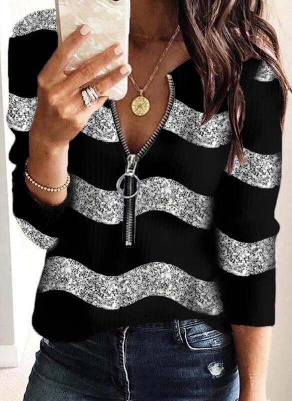 Color Block V-Neck Long Sleeves Casual Blouses