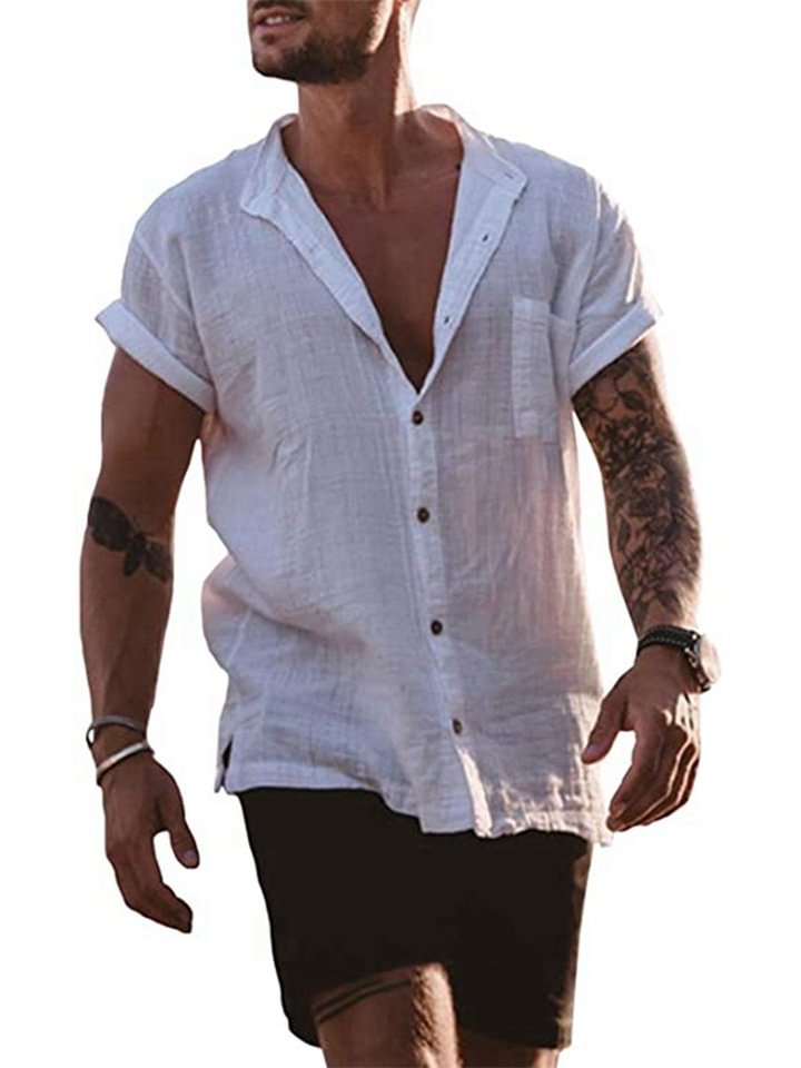 Men's Summer Loose Type Linen Thin Section Set Stand Collar Cotton Linen Solid Color Pocket Short Sleeve Series Ming Line Shirt Men-Hoverseek