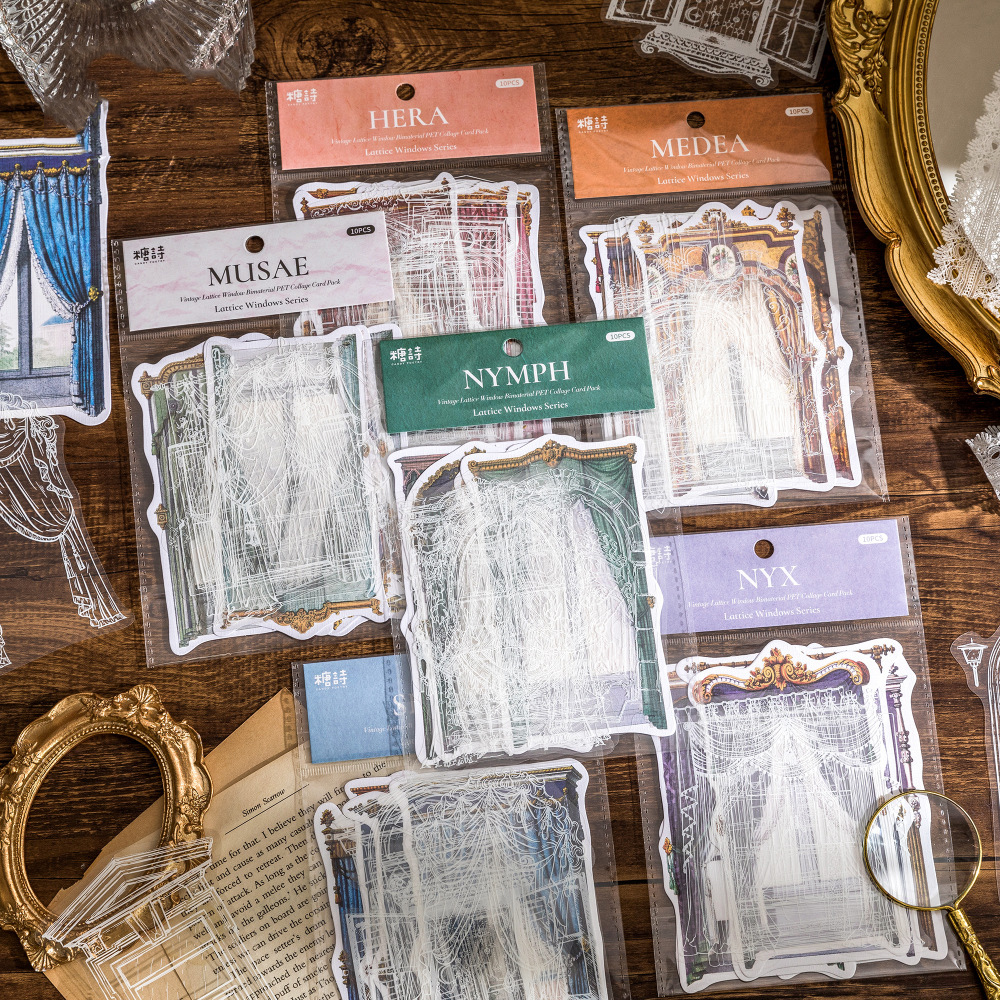 스티커 - 격자 창 시리즈 빈티지 레이스 궁전 꽃 창 풍경