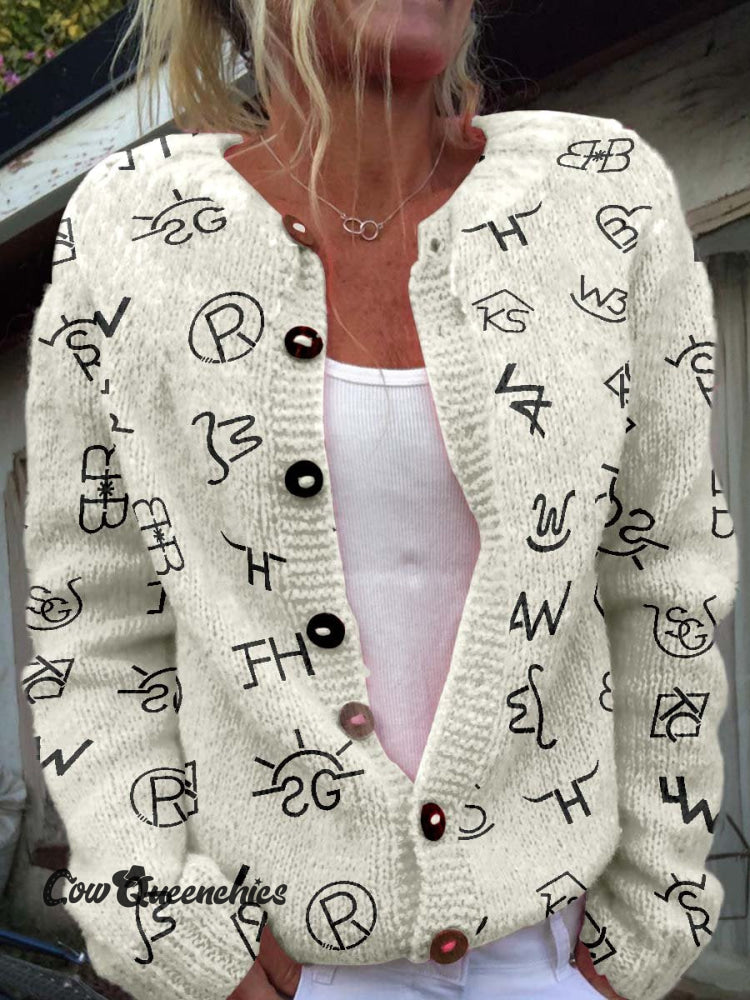 Western Cattle Brands Print Buttoned Cardigan Sweater Beige / S