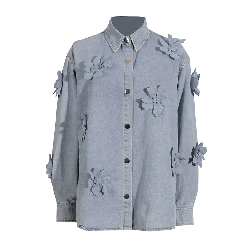 Zingj Zingj Wind Three-Dimensional Flower Jeans Top Female Summer 2024 Comfortable Casual Shirt Type Jeans Jacket Female