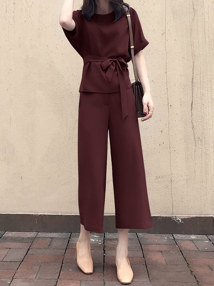 Solid Belt Pocket Rolled Sleeve Wide Leg Two Pieces Suit