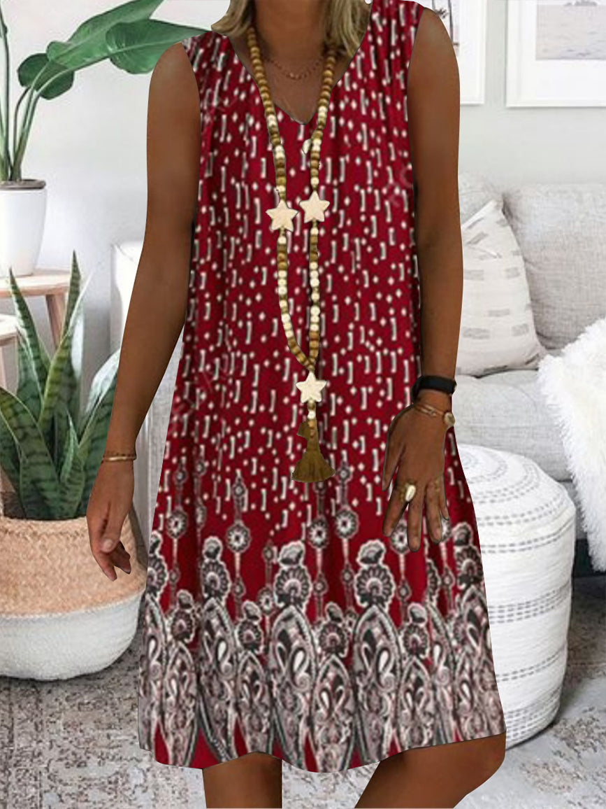 Women Casual Sleeveless V-neck Floral Printed Midi Dress