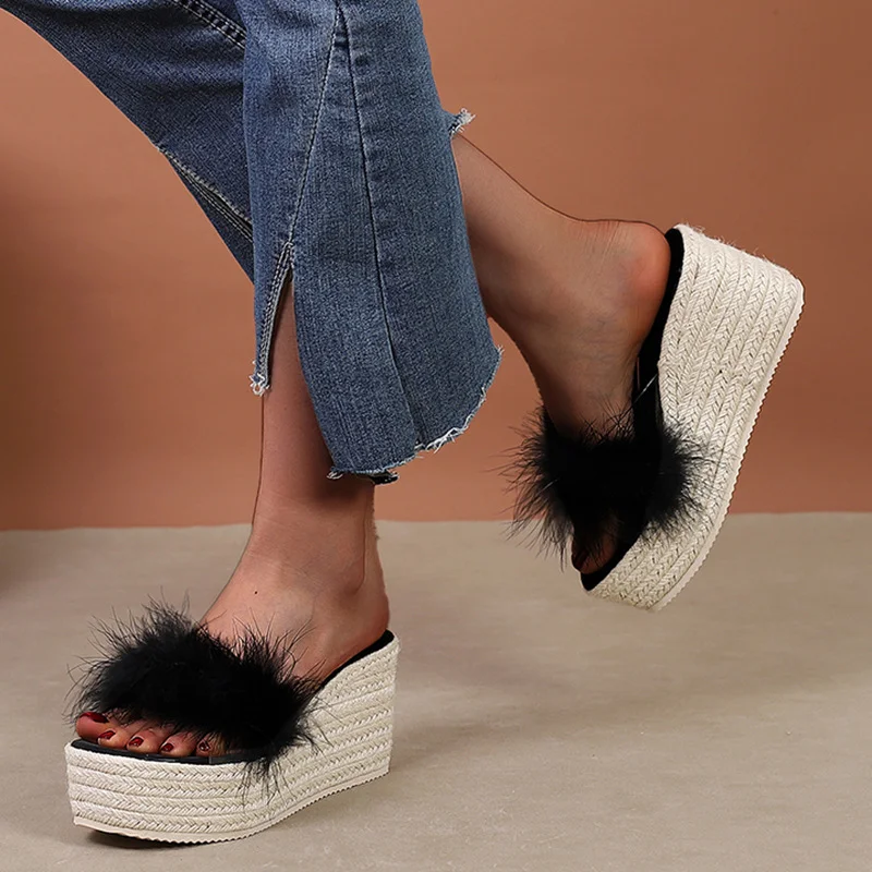 Wongn Wongn Slope With Thick Bottom High Heel A Word Drag Open-Toe Sandals Women's Wool Slippers Grass Hemp Rope Bottom