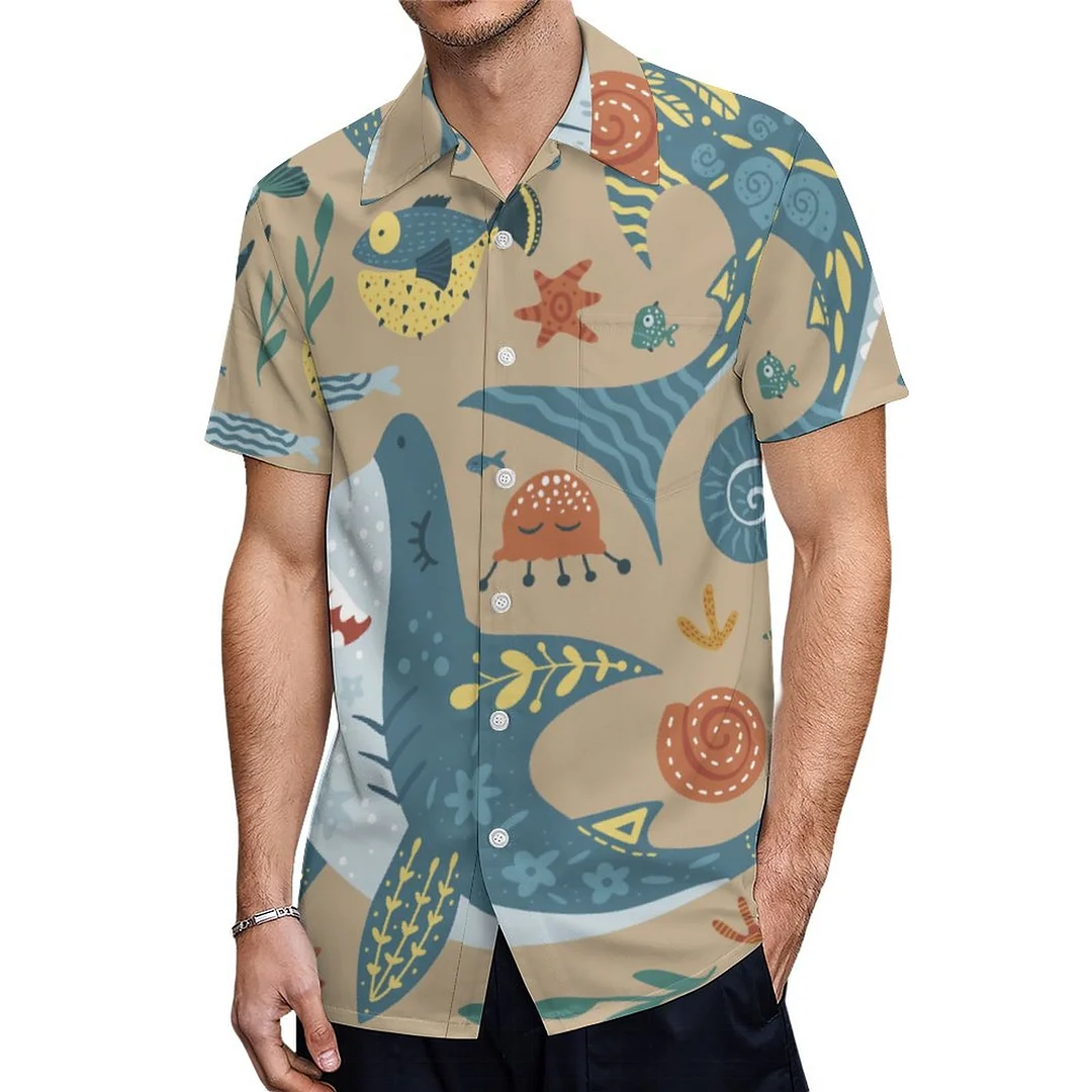 Shark Cartoon Doodle Bubbles Stars Hawaiian Shirt Mens Button Down Plus Size Tropical Hawaii Beach Shirts