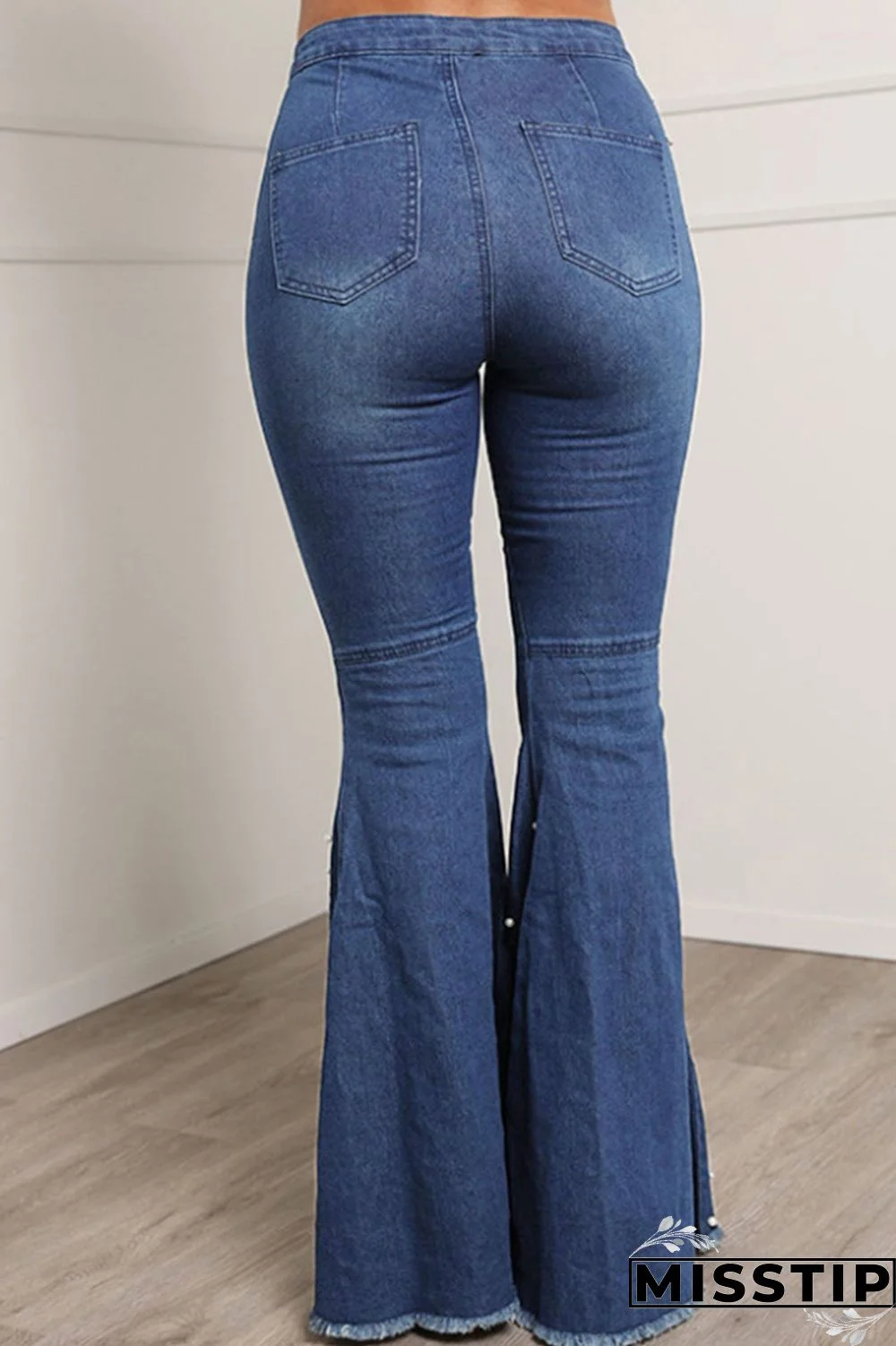 Blue Casual Street Solid Patchwork Beading High Waist Boot Cut Denim Jeans