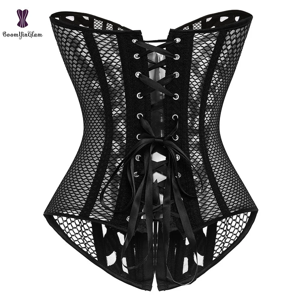 Black Women's Breathable Shapwear Costumes Sexy Transparent Mesh Corselet Hollow Out Corset Bustier Top With G String 930#