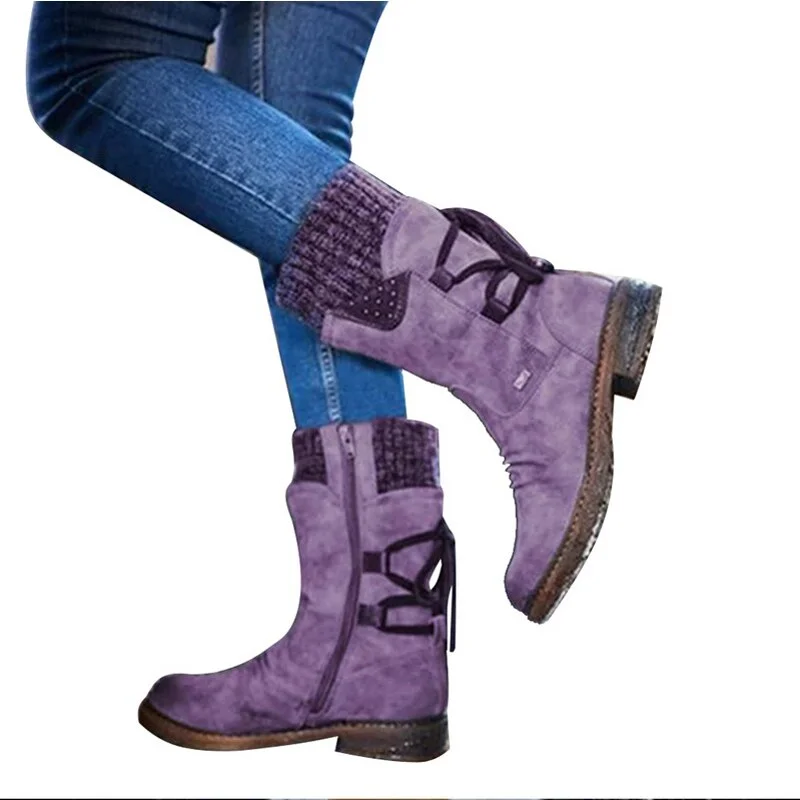 2020 Hot New Autumn Early Winter Shoes Women Flat Heel Boot Fashion Knitting Patchwork Women's Boots Woman Ankle Botas