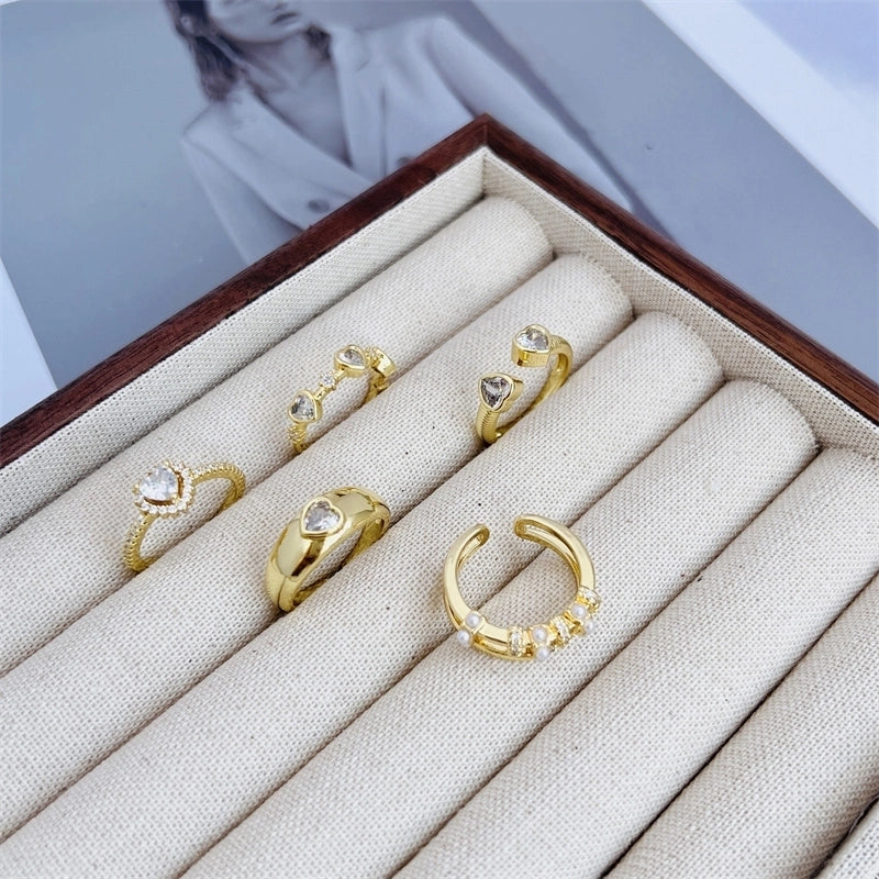 Copper 18K Gold Plated Inlay Heart Shape Zircon Open Rings