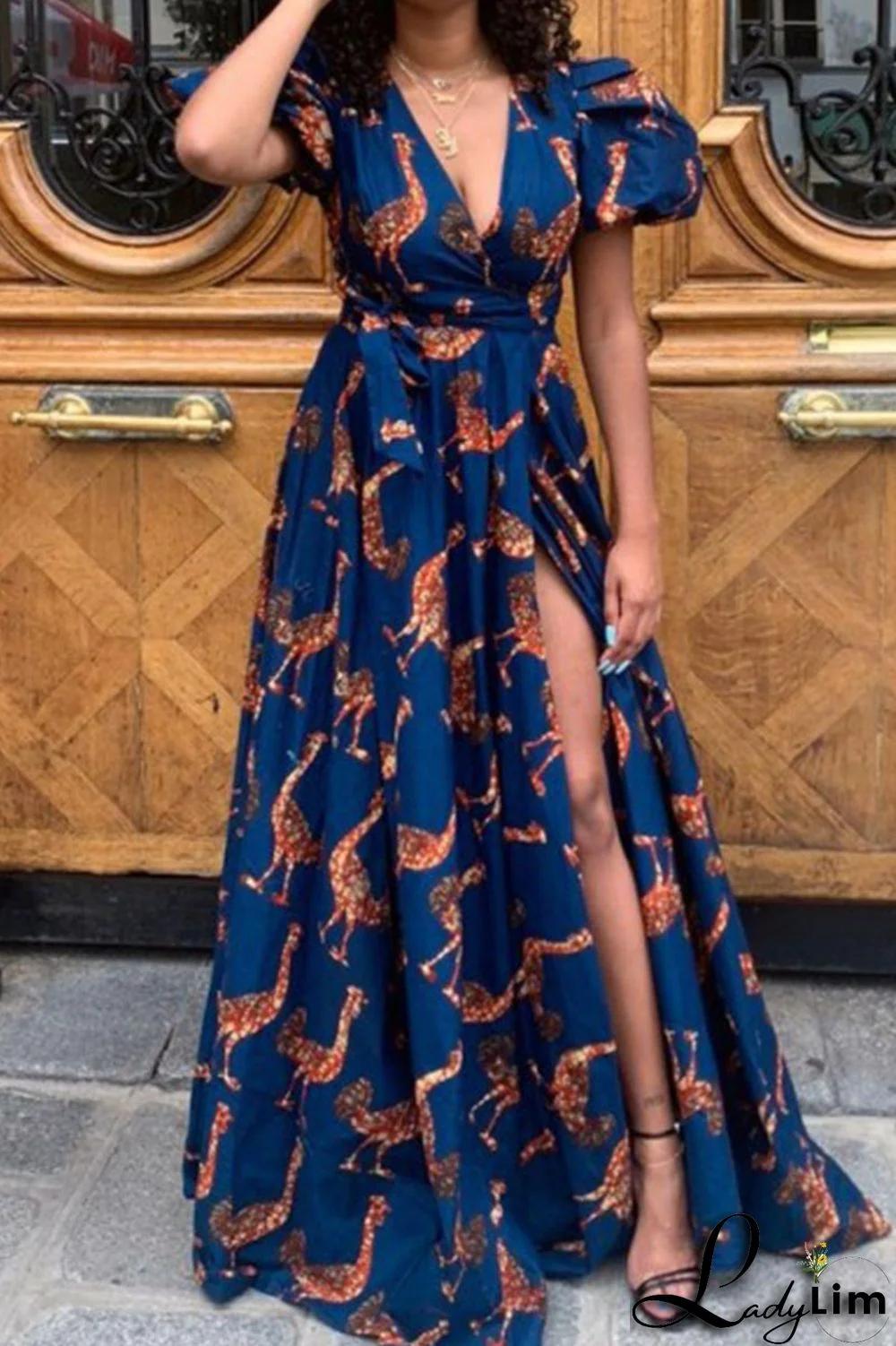 Tibetan Blue Elegant Print Split Joint Slit V Neck Straight Dresses