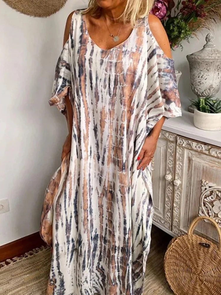 Casual Tie Dye Cold Shoulder 3/4 Sleeve Loose Maxi Dress