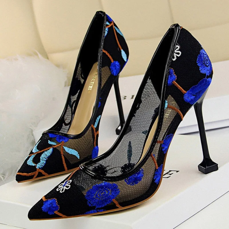 BIGTREE Shoes Woman Pumps Flower Embroidery Lace High Heels Sexy Party Shoes Stiletto Fashion Women Heels Mesh Women Shoes