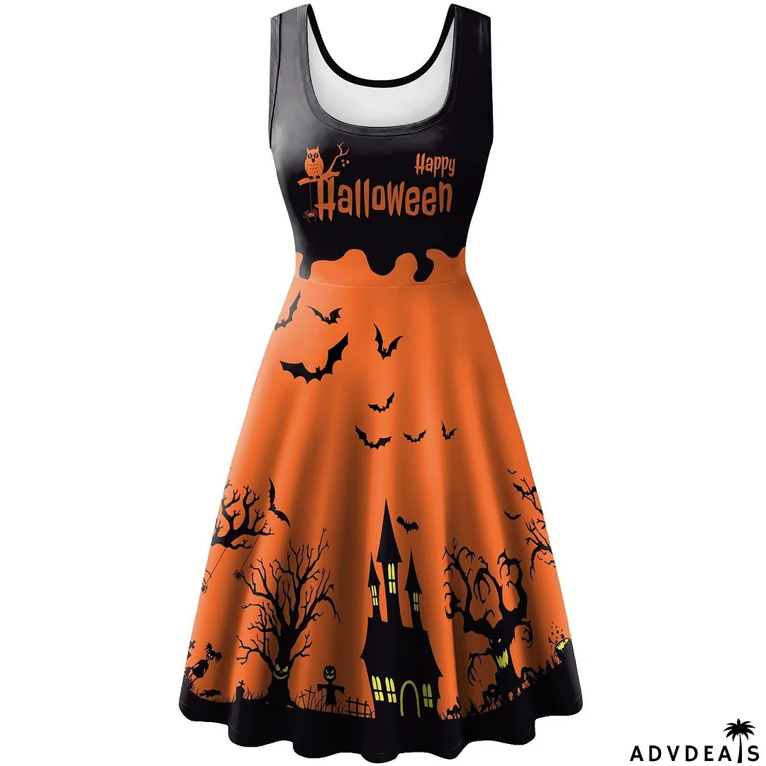 Women's Sleeveless Horror Bat Skeleton Digital Printed Dress
