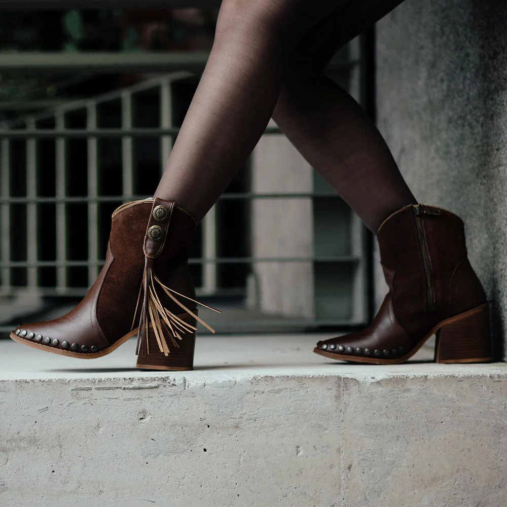 Studded Pointed Toe Button Fringe Ankle Brown Cowboy Boots for Women