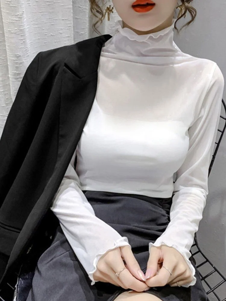 Perspective Tops High-neck Net Yarn Bottoming Shirt Gauze Black Pile Collar Lace Shirt Top Long-sleeved T Shirts Streetwear