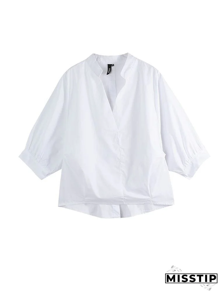 Women Loose Blouse Cotton Back Button Solid V-Neck Casual Shirt