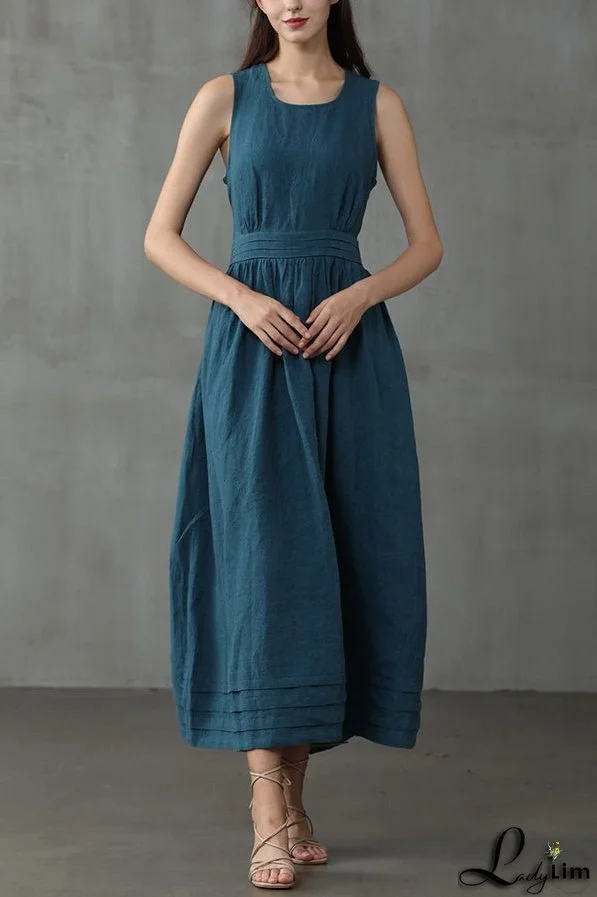 Cross Back O Neck Maxi Linen Dress