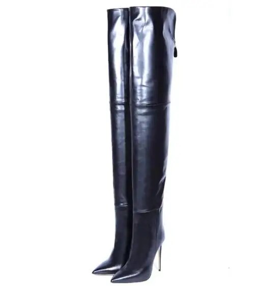 VCSHOES Woman Black Leather Zipper Back Over The Knee Boots Lady Pointed Toe Thigh High Long Knight Boots Small Size 33