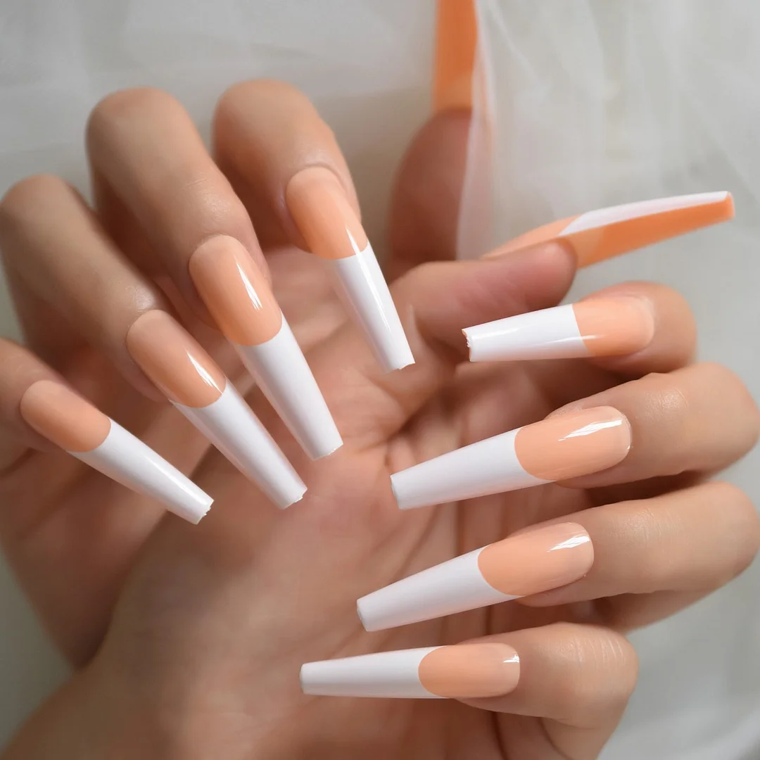 Extra Long Ballerina Faux Ongles White Hypotenuse Line Decorative French Nail Art Tips Nude Pink Base Manicure Tip 24-Nail Inspo