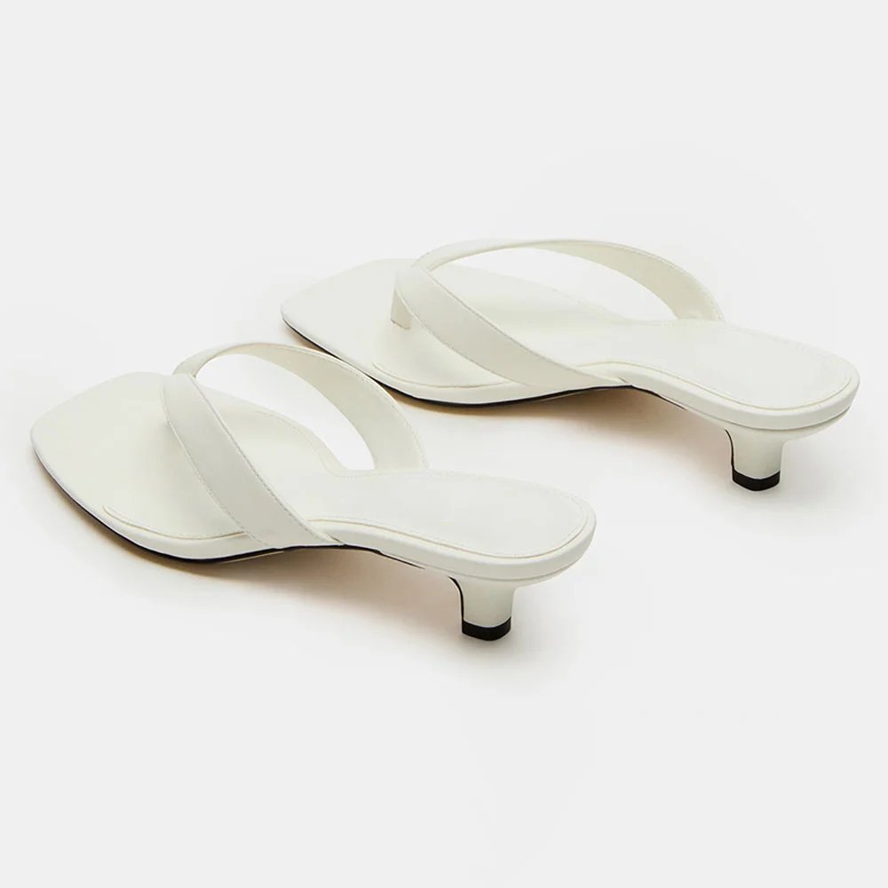 White Vegan Leather Open Toe Flip Flop Kitten Heel Mules Sandals
