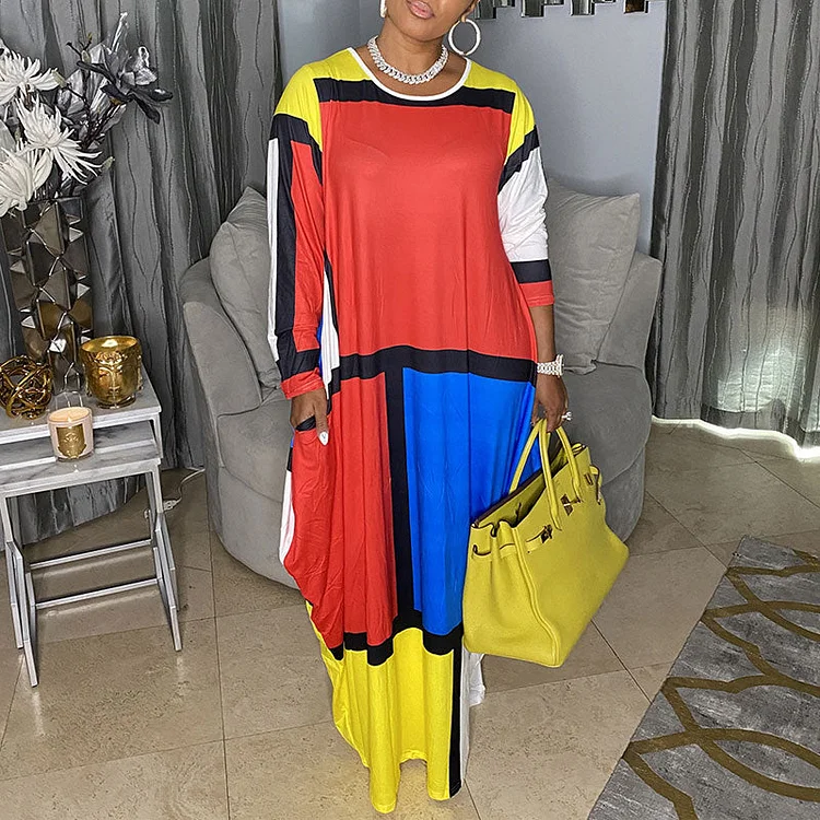 Colorblock Long Sleeve Pocket Design Loose Dress - IRBOOM Fashion Clothing