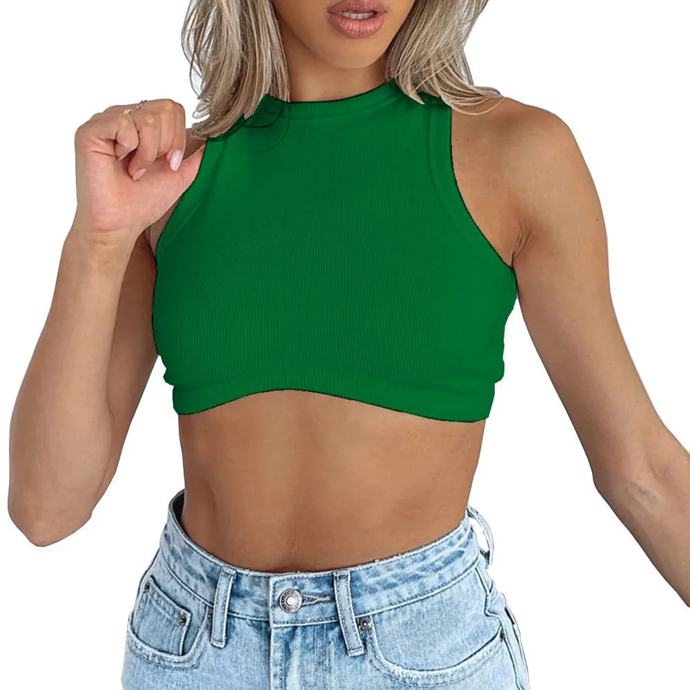 Uveng Uveng Women's New Women's Sexy Sleeveless Round Neck Rib Knit Vest Crop Top