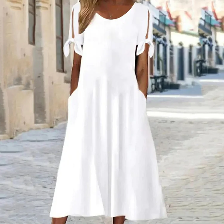 VChics Vintage Pocket Plain Round Neck Short Sleeve Midi Dress