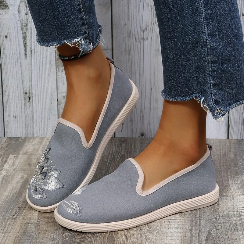 Back To School Women Casual Cotton Fabric Embroidered Loafers Ladies Slip On Comfortable Driving Walking Flat Sneakers Shoes Grey Green
