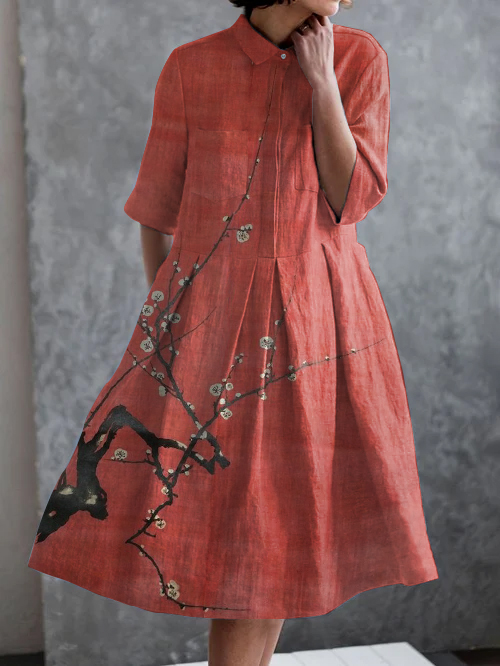 Japanese Simple Plum Blossom Casual Elegant Pocket Half Sleeve Dress