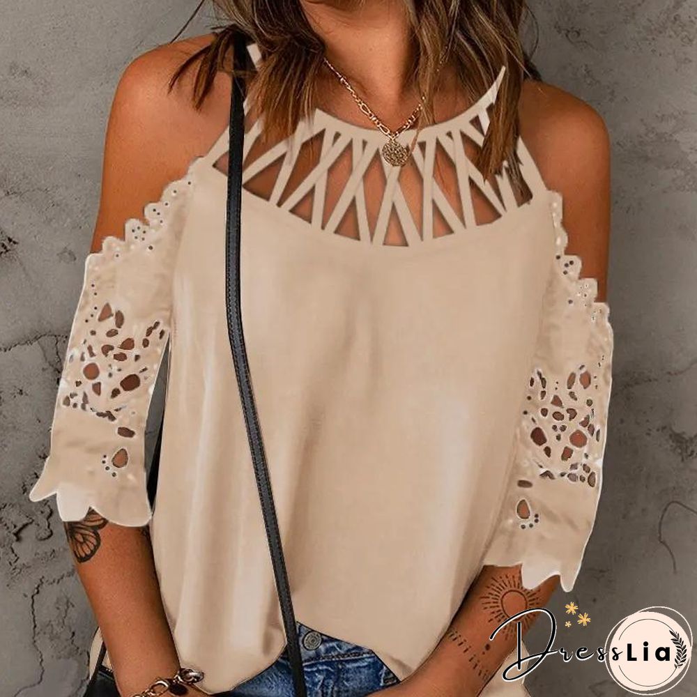 Cut Out Neck Crochet Sleeve Shirt