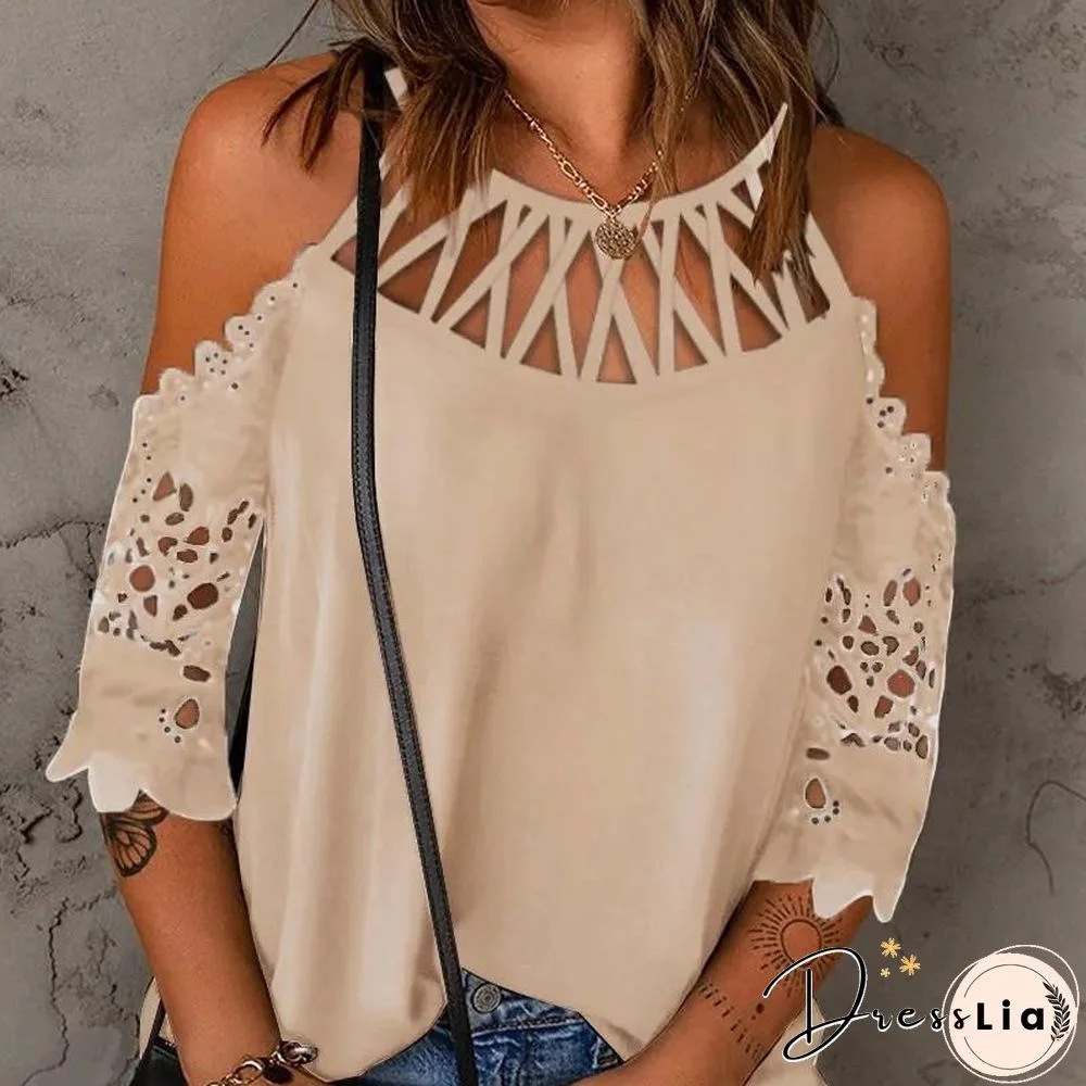 Cut Out Neck Crochet Sleeve Shirt