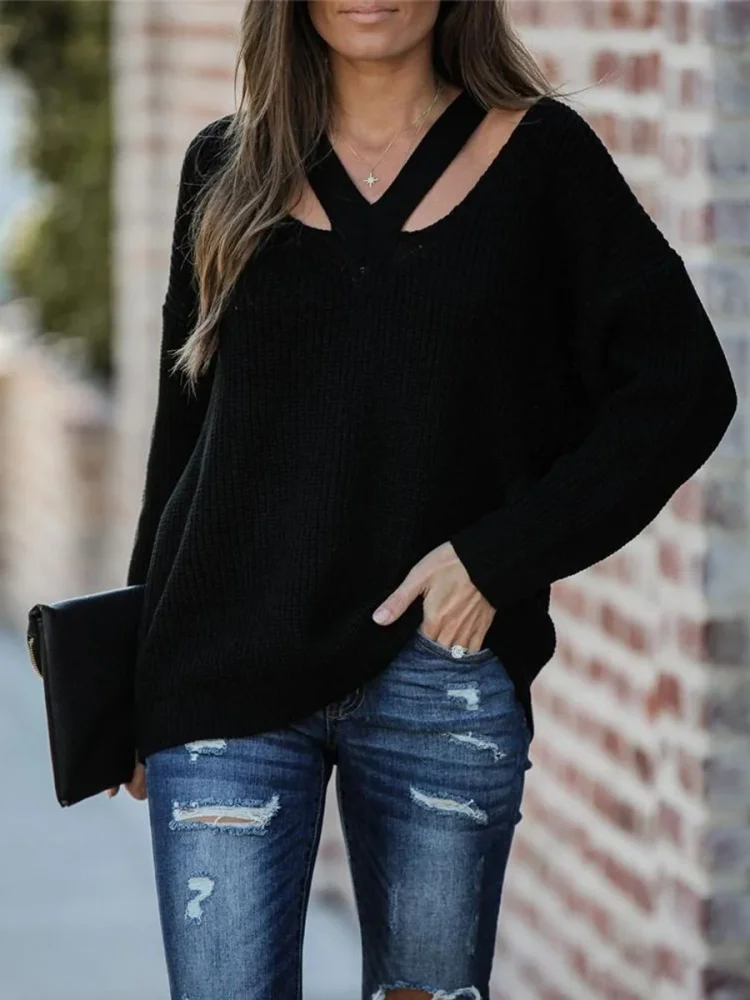 Casual V-neck Long Sleeve Knit Sweater